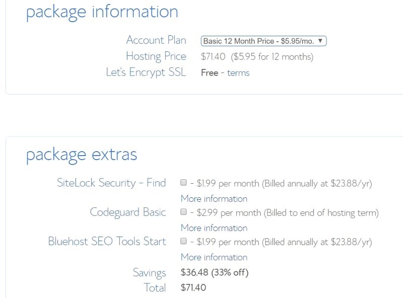 bluehost signup - package infirmation and package extras