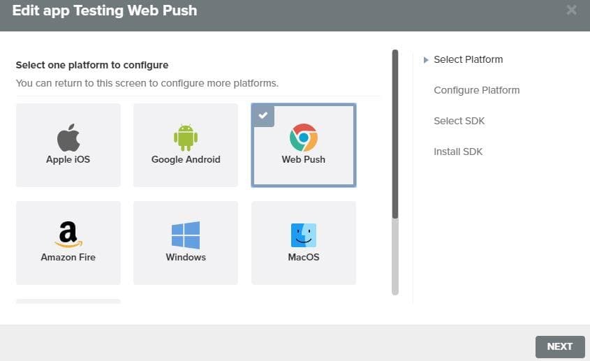 onesignal setup step 2 - select web push