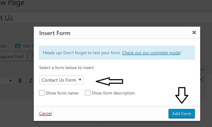 Under &quot;Select a Form&quot;, select &quot;Contact Us Form&quot; to embed the wp form into page