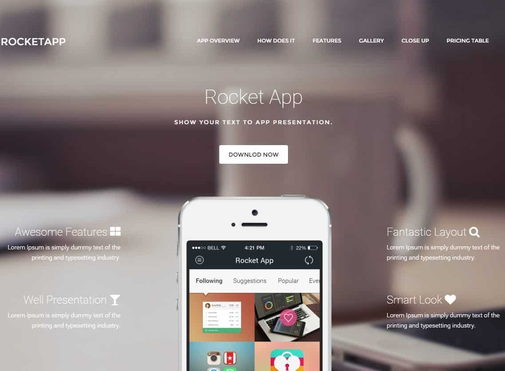 RocketApp is a flexible landing page WordPresss theme that features a light and dark version