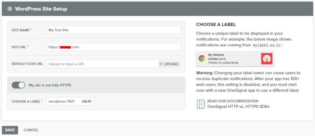 onesignal setup step 4 - wordpress site setup