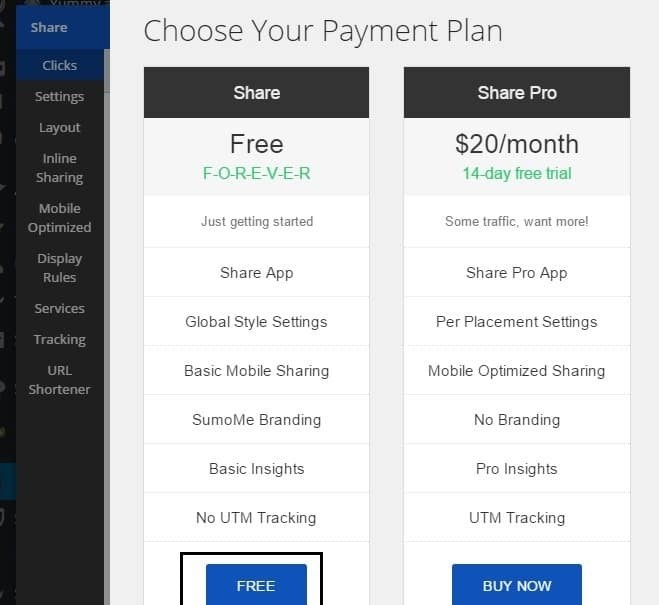 4. Add Sumo Share Bar - Choose Free plan