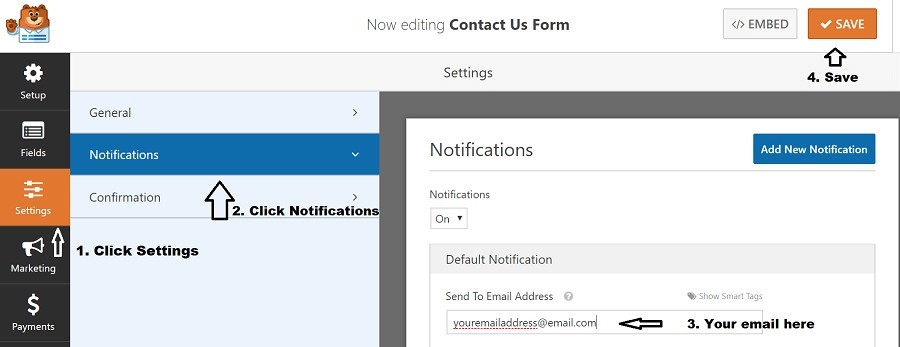 Update settings to add your email. All queries from Contact Us form is delivered to this email address.