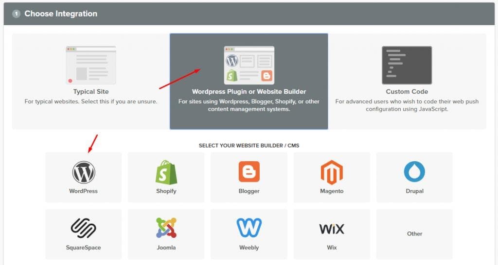 onesignal setup step 3 - choose integration